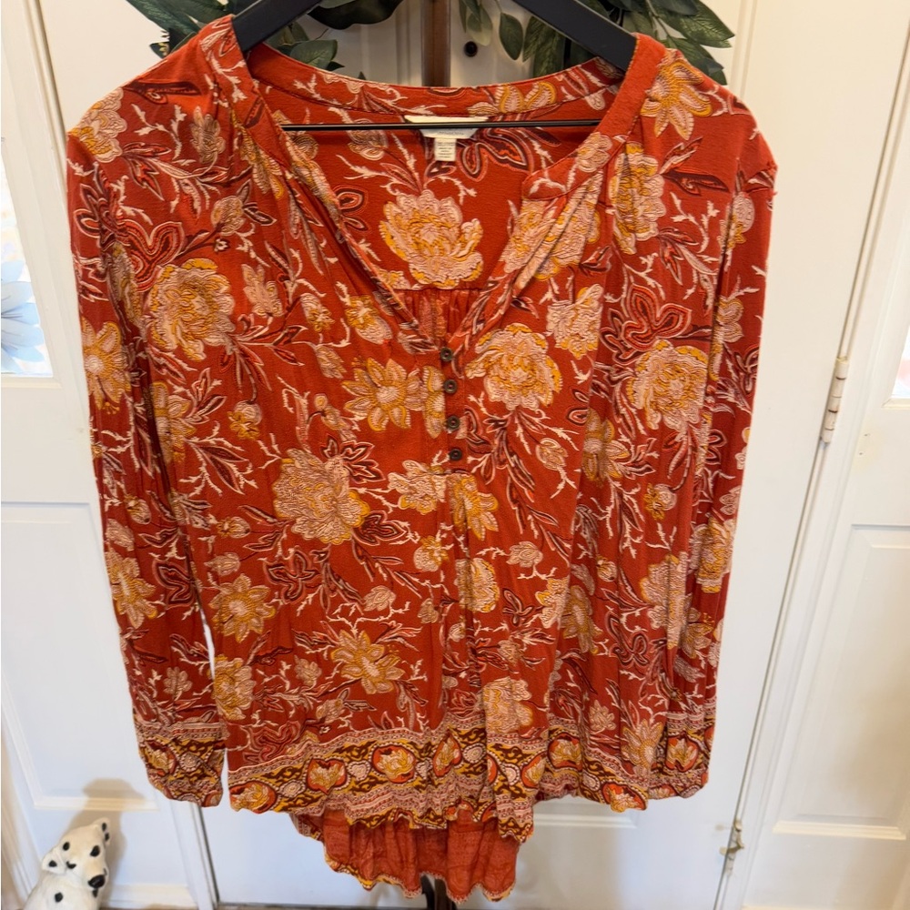 Lucky Brand Boho Floral Popover Top Shirt LS XL